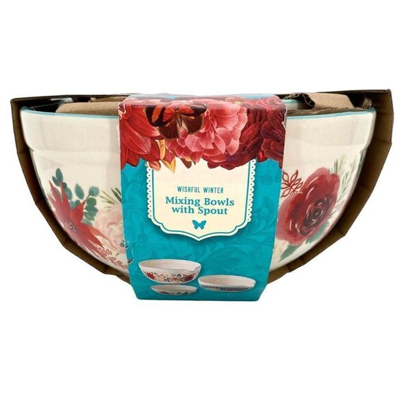 Pioneer Woman Wishful Winter Mixing Bowls With Spout Set New - Picture 1 of 15